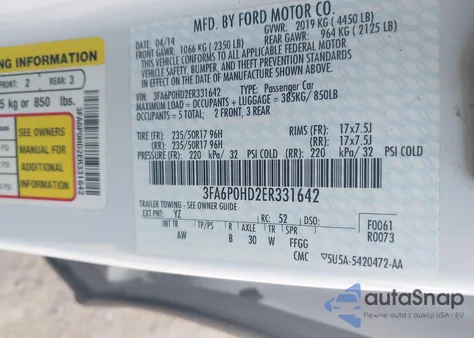 2014 Ford Fusion Se из США, поврежденный, VIN 3FA6P0HD2ER331642